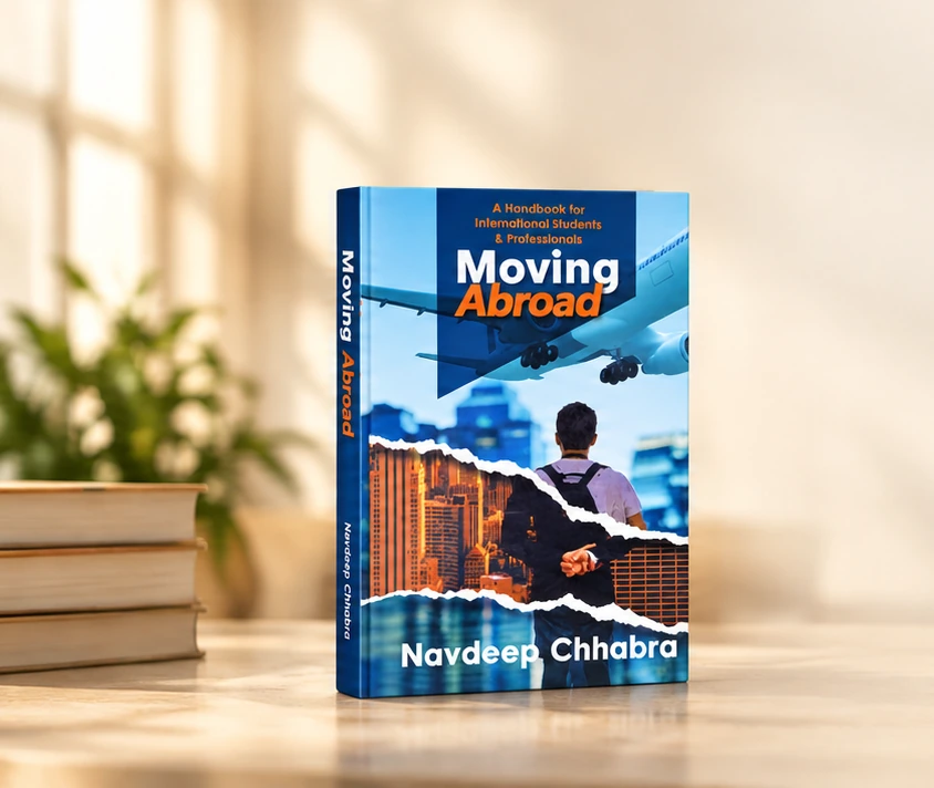 Moving Abroad by Navdeep Chhabra, displayed on a sunlit desk.
