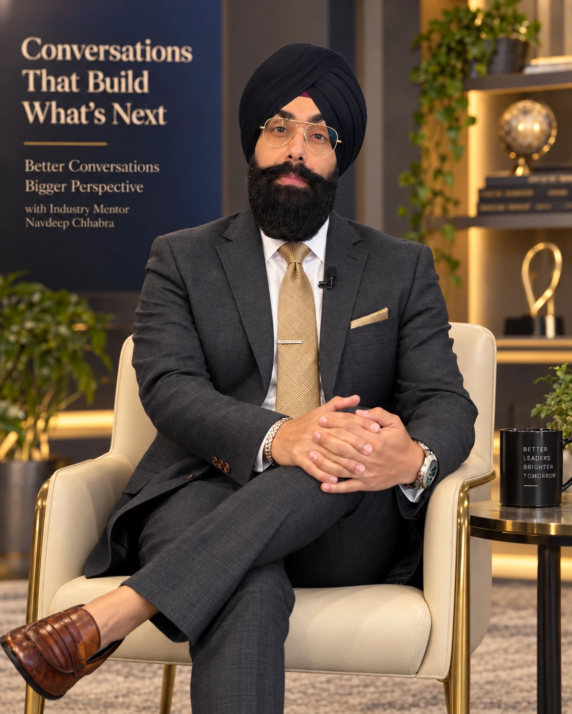 Navdeep Chhabra seated in a grey suit in a warm interior.