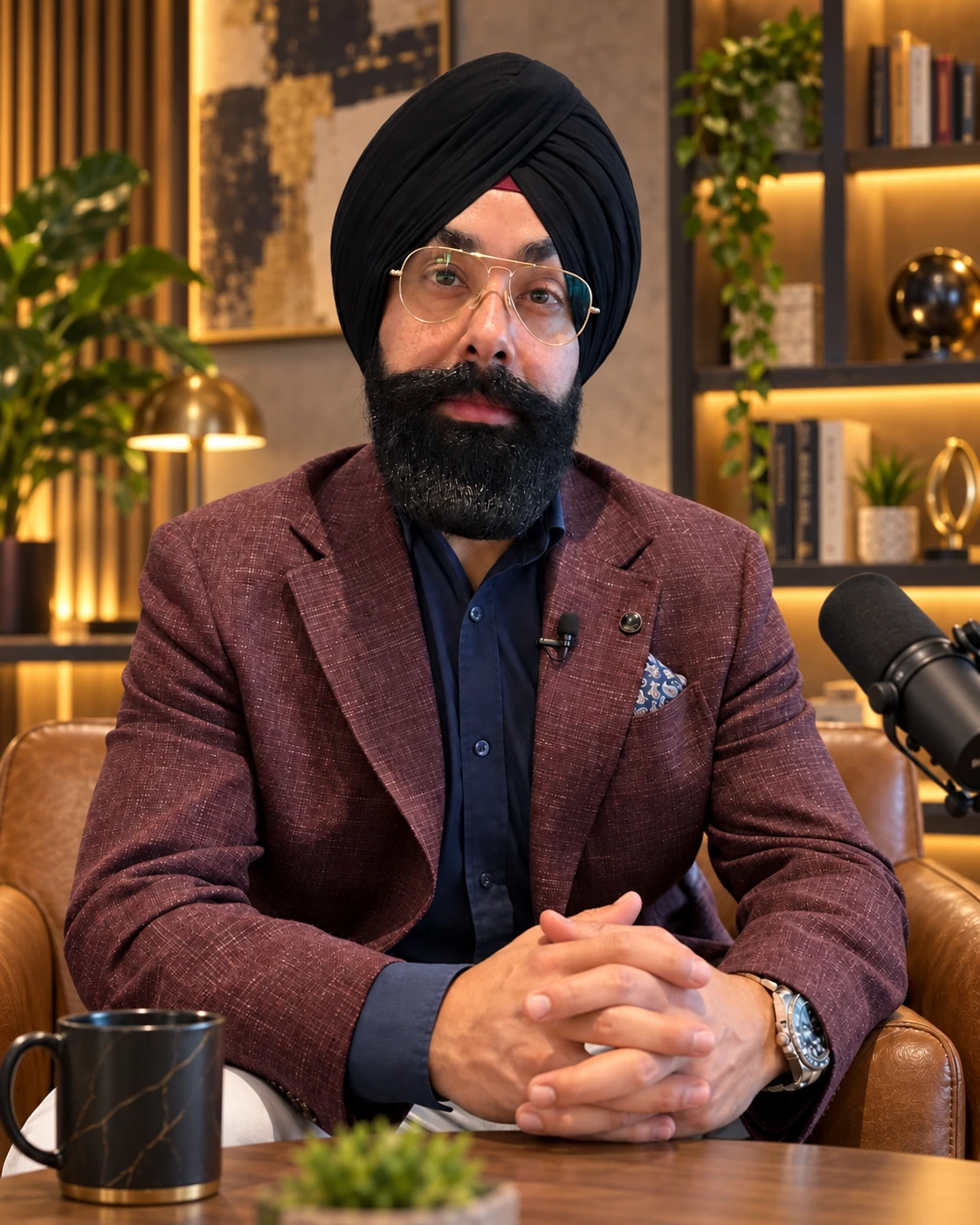 Navdeep Chhabra seated at a desk wearing a maroon blazer.