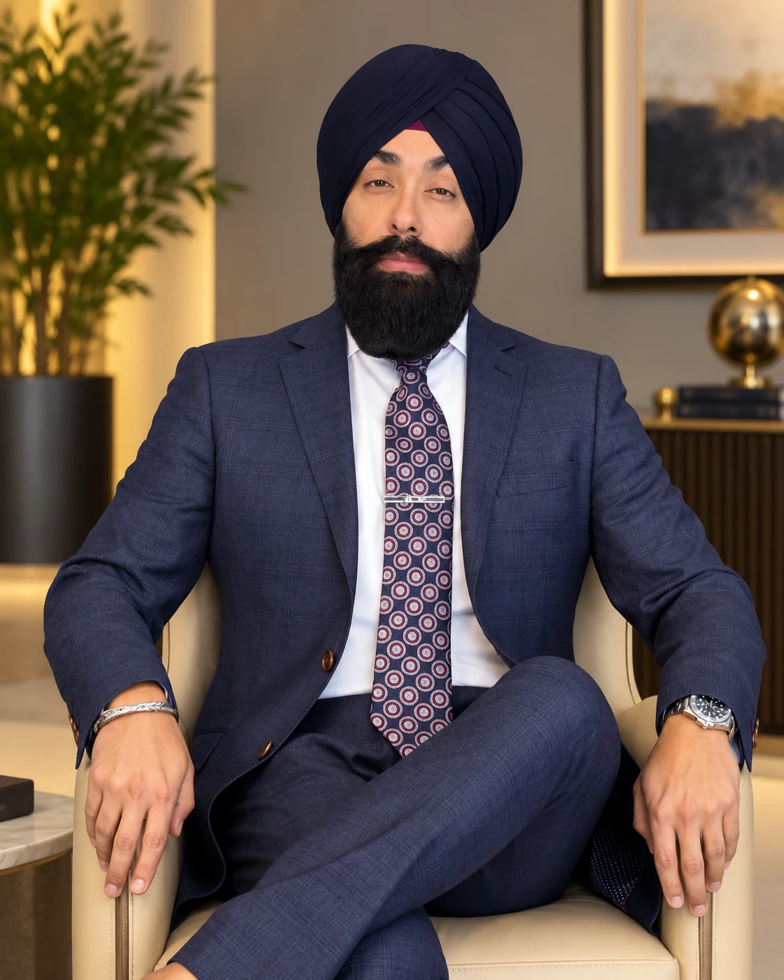 Navdeep Chhabra seated in a navy suit.