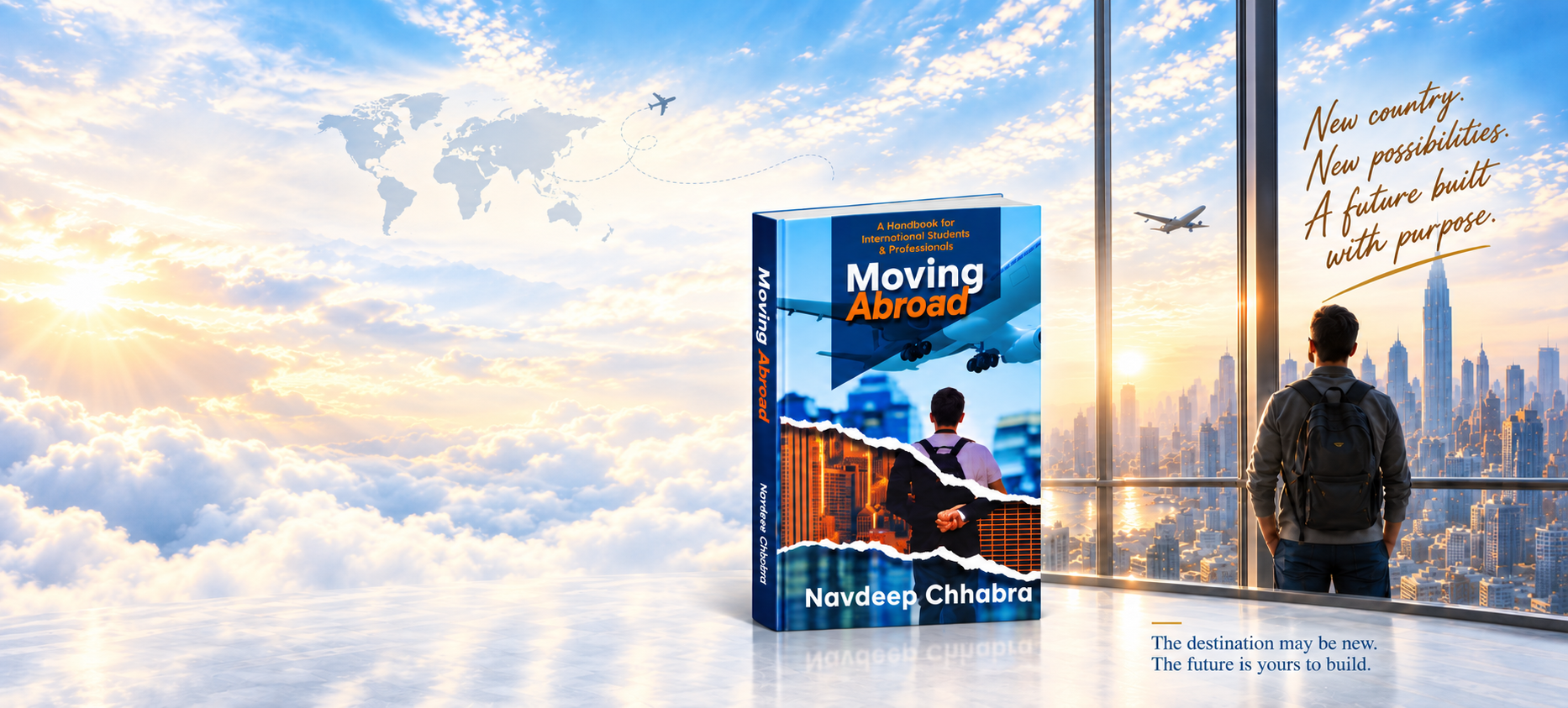 Moving Abroad by Navdeep Chhabra beside a traveller overlooking a skyline. Artwork reads: New country. New possibilities. A future built with purpose. The destination may be new. The future is yours to build.
