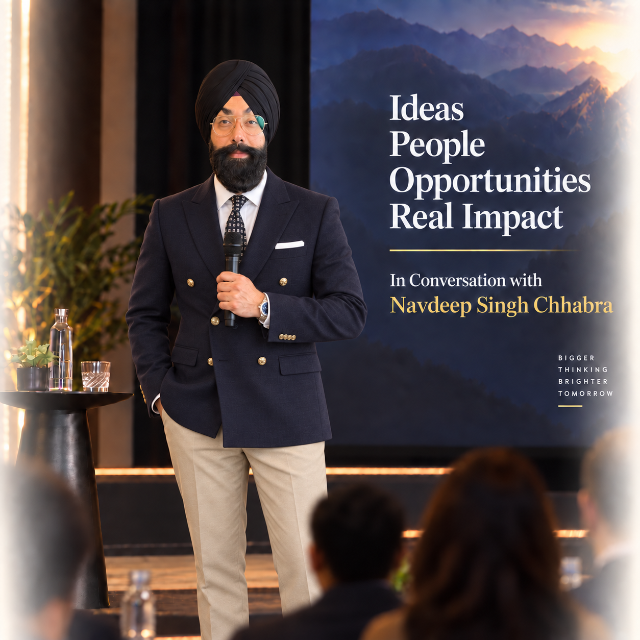 Navdeep standing on stage holding a microphone. The backdrop reads: Ideas, People, Opportunities, Real Impact. In Conversation with Navdeep Singh Chhabra. Bigger Thinking, Brighter Tomorrow.