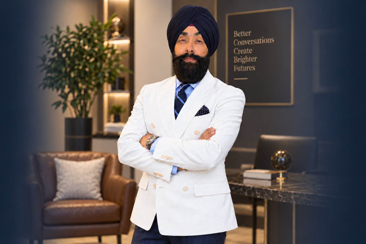 Navdeep in a white blazer in a warm interior. Background lettering reads: Better Conversations Create Brighter Futures.